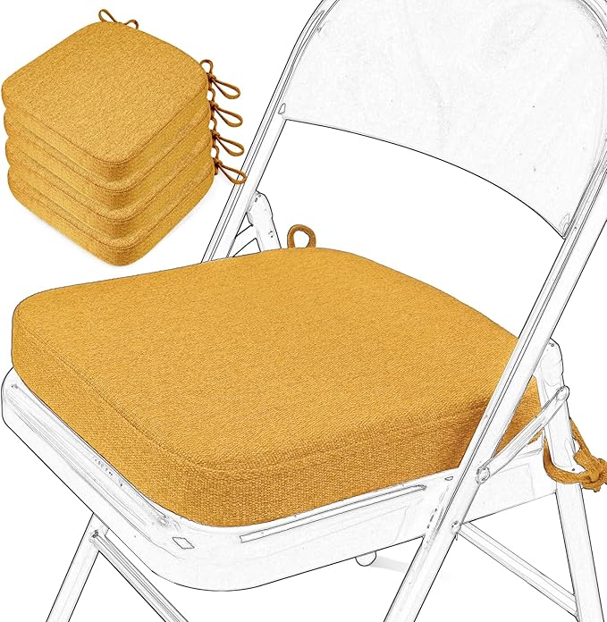 SINOSSO Memory Foam Chair Cushions for Folding Chairs 4 Pack, Thickened 2" Square Pads with Ties for Kitchen Chairs, Indoor Non-Slip Dining Chair Seat Cushions (4 Pcs, Yellow)