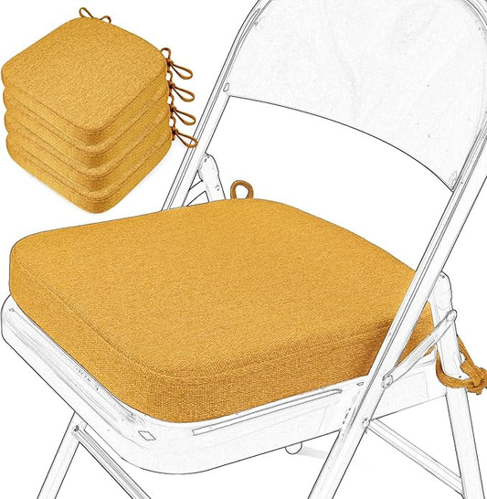 SINOSSO Memory Foam Chair Cushions for Folding Chairs 4 Pack, Thickened 2" Square Pads with Ties for Kitchen Chairs, Indoor Non-Slip Dining Chair Seat Cushions (4 Pcs, Yellow)