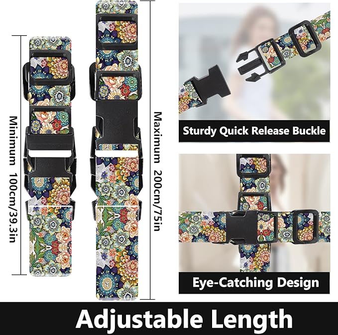 2 Pack Luggage Straps for Suitcases, Adjustable Travel Belt with Double Lock, Bright Colors Travel Packing Straps with Quick Release Buckle Unique Nylon for Sleeping Bag Car Seat (Flower Mix)