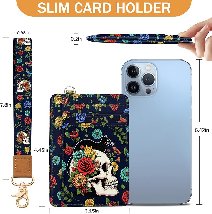 Yonlevres Skull Cat Credit Card Holder Slim Wallet, RFID Wallet Women Front Pocket Wristlet Lanyard, Small Card Holder Travel Funny Cute Thin Card Case ID Window PU Leather Card Organizer Gifts Girls