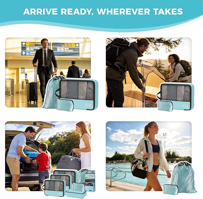 Compression Packing Cubes Set, Versatile 8pc Travel Essential Packing System- Lightweight Travel Organizers for Family & Business Travel, Space Save for Backpack, Duffel & Suitcase- Blue