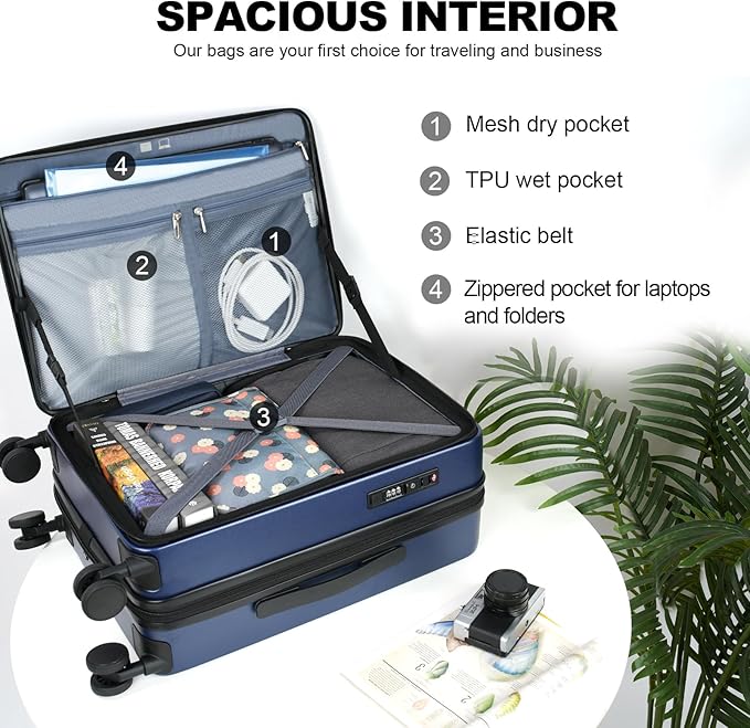 KROSER Carry On Luggage with Spinner Wheels & Built-in TSA Lock, Expandable Top Opening Hard Shell Suitcase Large Capacity Durable Rolling Luggage with USB Port, Carry-On 20-Inch, Navy
