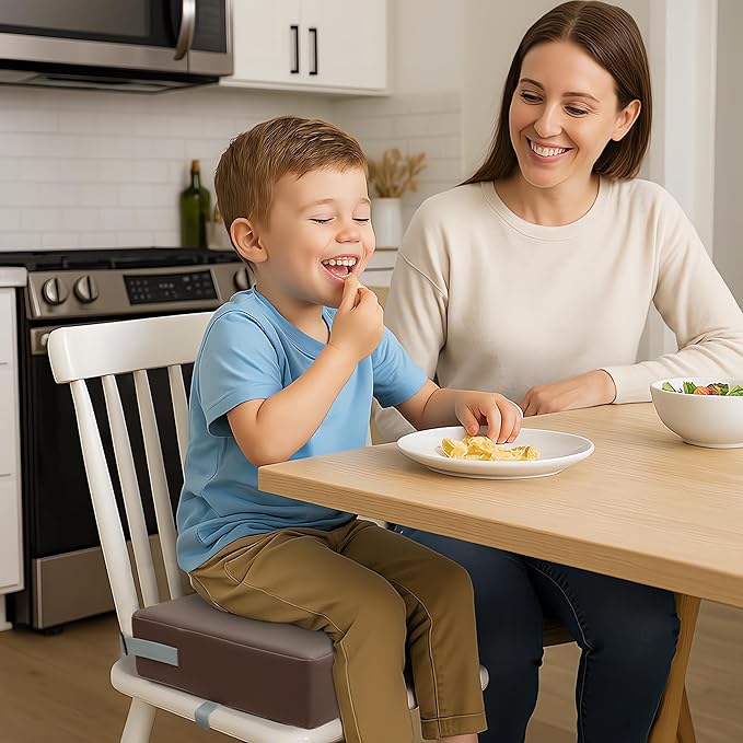 Toddler Booster Seat Dining Table Kitchen Chair, Waterproof Anti-Scratch PU Cushion, Non-Slip Bottom, Adjustable Buckle Straps, Easy Clean Portable Seat Cushion (Dark Brown)