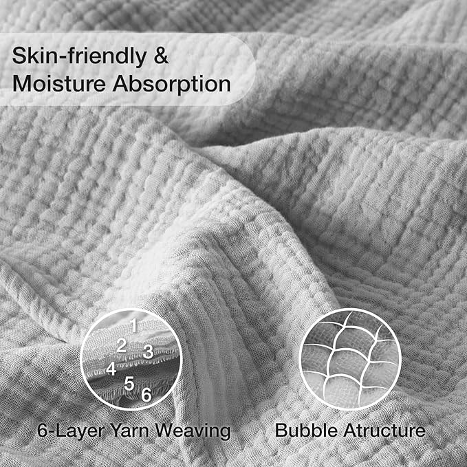 100% Cotton Muslin Blanket California King 120" x 90", 6 Layers Breathable and Lightweight Oversized Blankets for Bed, Soft Cooling Gauze Blanket for Adults All Season, Light Grey