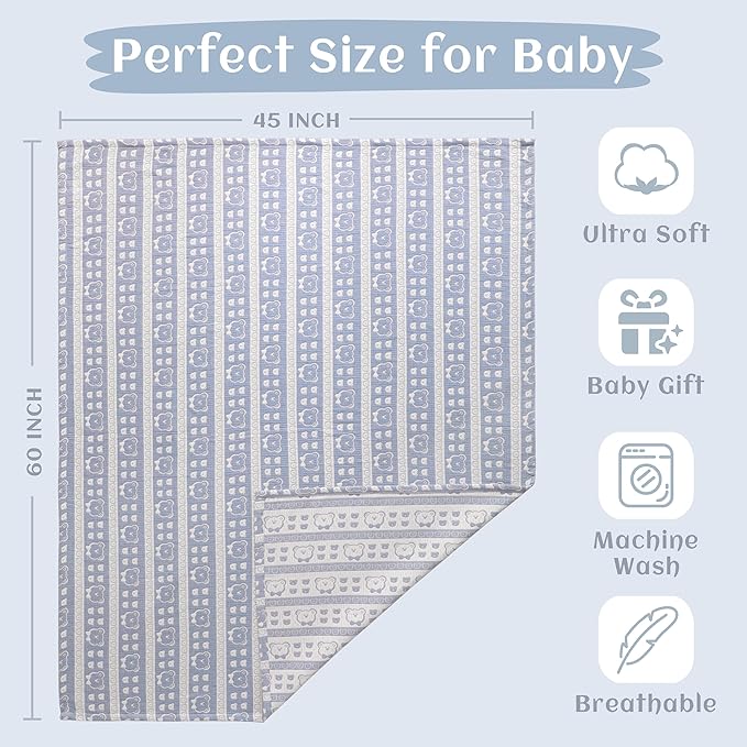 NTBAY 3 Layer Oversized Muslin Cotton Toddler Blanket, Jacquard Reversible Nursery Bed Blanket, Super Soft and Thermal for All Seasons, Baby Gift, 45"x60", Blue Bear