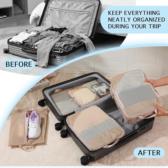 Lightweight Compression Packing Cubes for Suitcases, Compressible Expandable Travel Packing Organizer with Clear Toiletries and Backpack Bag, Travel Essentials for Carry on Luggage 7 Set