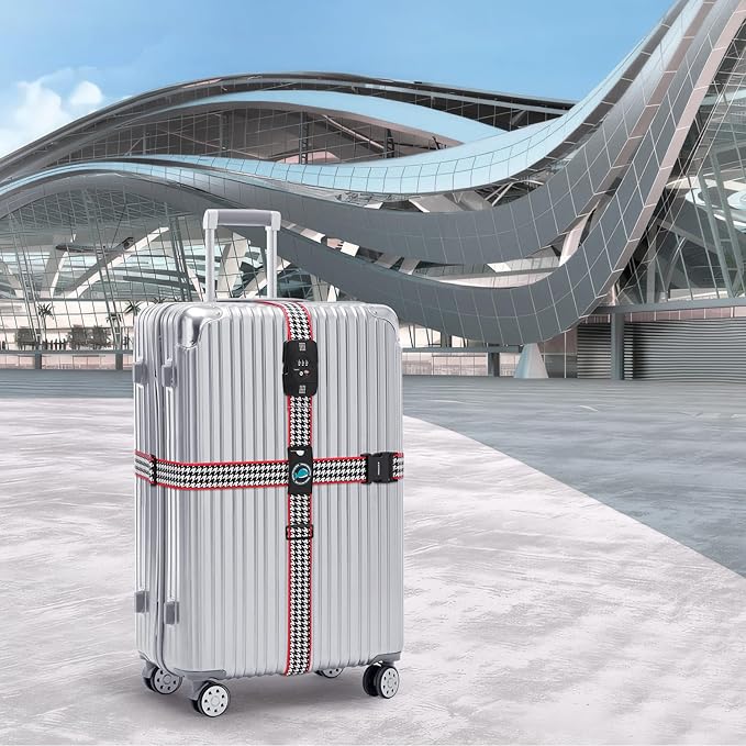 Travelkin Luggage Straps TSA Approved - Adjustable Cross Suitcase Straps with TSA Lock, Reinforced Buckle, Unique Pattern - Secure Heavy Duty Luggage Straps for Travel (Houndstooth)