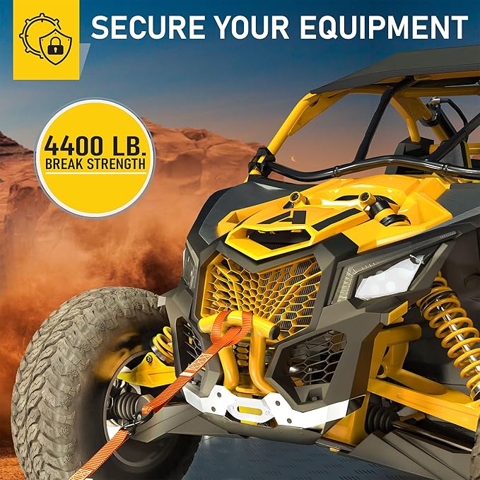 AUGO Heavy Duty Ratchet Straps & Soft Loops – Pack of 4 Extra Strong 1.5” by 10’ Ratchet Straps w/S-Hook Safety Latches & 4 Soft Loop Tie Downs – 4400Lb Break Strength for Motorcycles, ATVs, Etc.