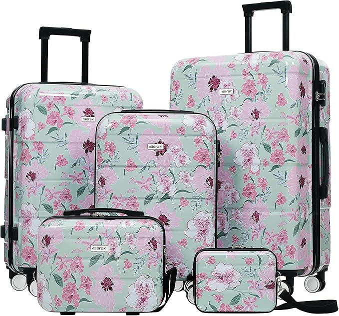 Merax 5 Piece Luggage Set with Spinner Wheels, Lightweight Printing Suitcase Set 8/14/20/24/28 inches, Durable Carry on Luggage with Handbag and Cosmetic Case Suitable all Ages,Green Pink Flower