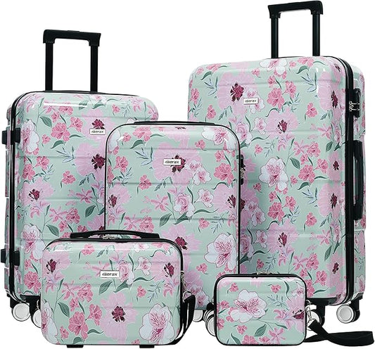 Merax 5 Piece Luggage Set with Spinner Wheels, Lightweight Printing Suitcase Set 8/14/20/24/28 inches, Durable Carry on Luggage with Handbag and Cosmetic Case Suitable all Ages,Green Pink Flower