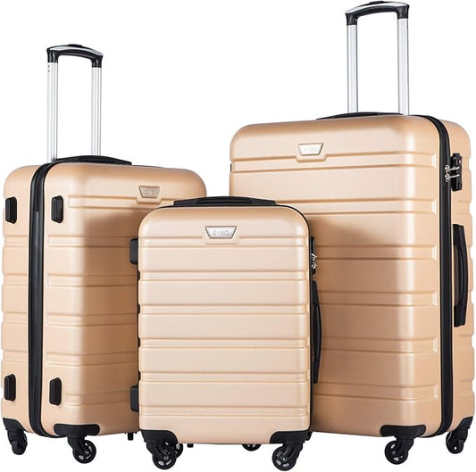 Coolife Luggage 3 Piece Set, Lightweight Durable Hardshell Suitcase set with 360° Spinner Wheels, TSA-approved Lock, Checked Family Travel Luggage sets, 20/24/28 Inch, Champagne New