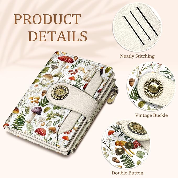 Icycay Mushroom Small Wallet Women RFID Blocking Bifold, Credit Card Holder, Zipper Coin Pocket, PU Leather, Compact, Travel, 4 ID Window, 14 Card Slots, Cash Purse, Ladies Woman Female Girls