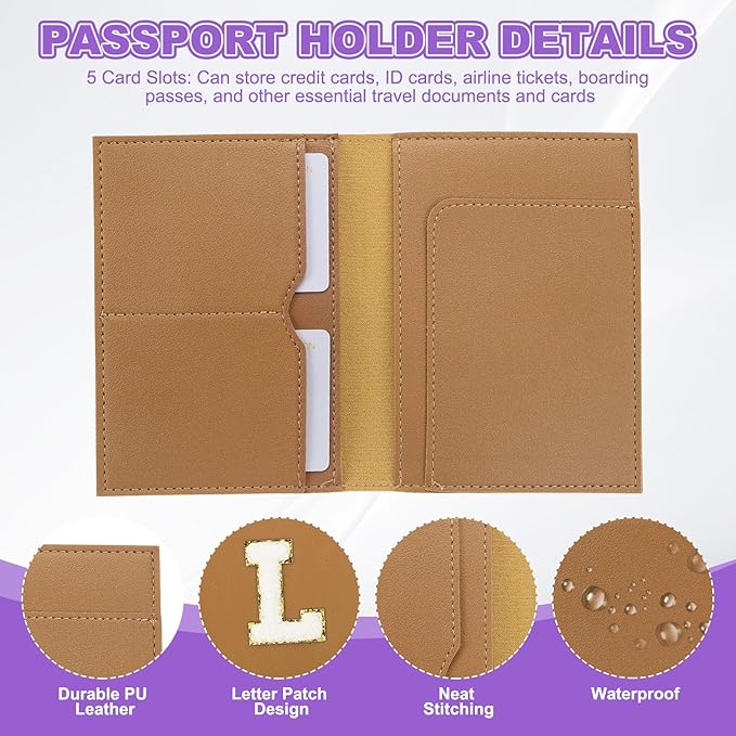 PATIKIL Passport Holder for Travel, Initial Passport Cover and Luggage Tag Set with Alphabet Chenille Letter Patch Travel Wallet Bag Suitcase Identifier for Women Family Travel Brown L