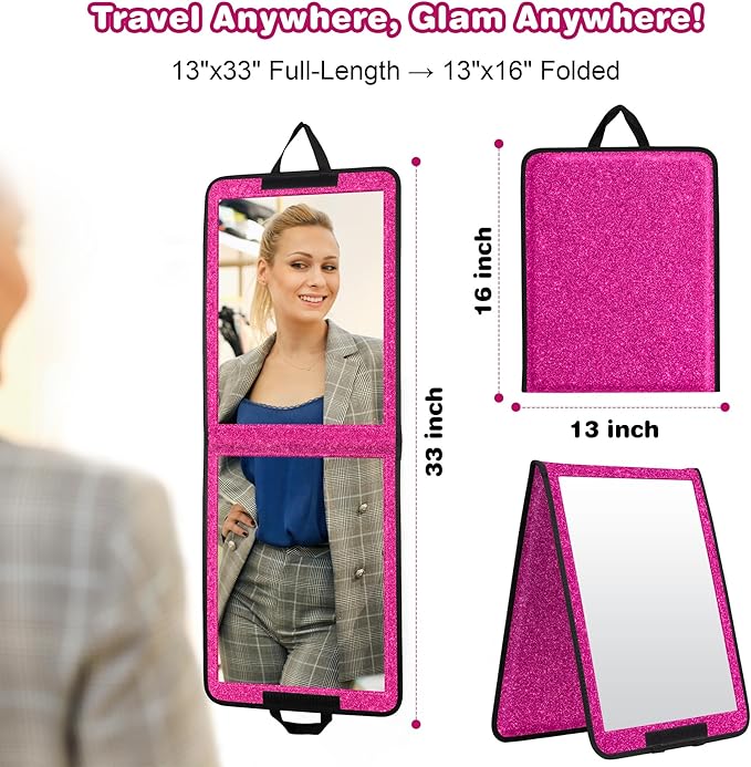 LPHUMEX Sparkle Hot Pink Folding Mirror 13”x33”, Foldable Full-Length Travel Mirror 3-Way Use, Perfect for Dance, Festivals, RV