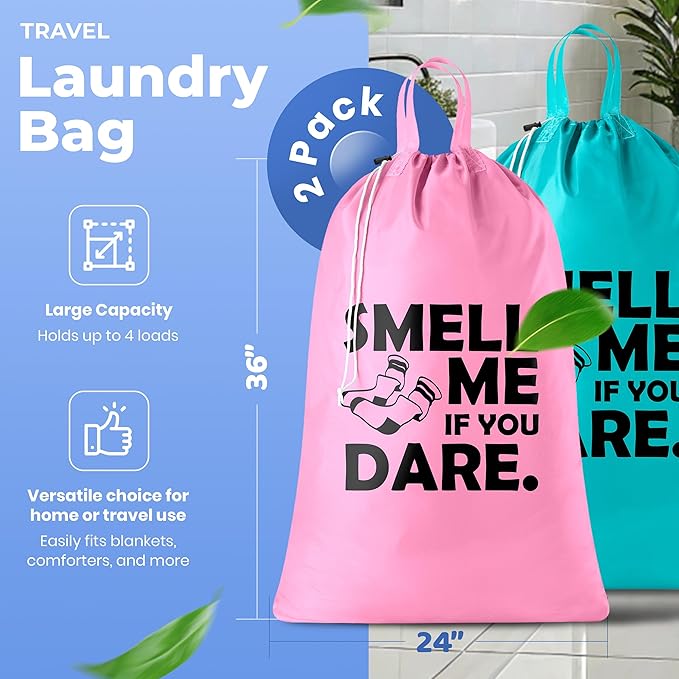 Extra Large Travel Laundry Bag - 2-Pack Fun Print Design Bags for Dirty Clothes - Durable Water-Resistant Fabric - Sturdy Drawstring Closure (Pink-Teal | Smell Me If You Dare)