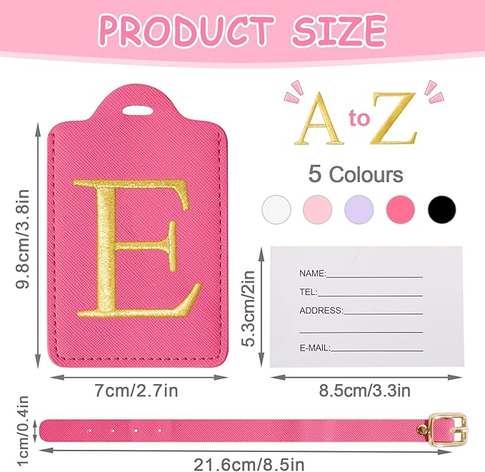 Initial Luggage Tags for Suitcases, Cute Embroidered Letter Luggage Bag Suitcase Identifier Name Baggage Tag, PU Leather Travel Luggage Tags, Bag Tags for Men Women Kids Luggage Handbags(Rosered E)