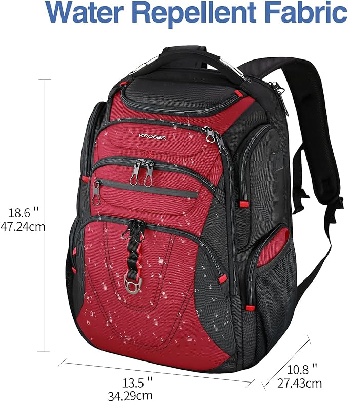 KROSER Friendly Travel Laptop Backpack 17.3 inch XXXL Gaming Backpack Water-Repellent College Daypack Business Backpack with RFID Pockets & USB Port for Men/Women-Black/Red