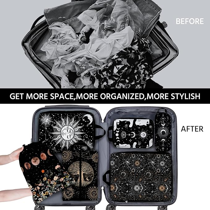 6 Pcs Compression Packing Cubes Waterproof Suitcase Travel Bag Luggage Backpack Organizer Travel Cubes for Packing-Gothic Style