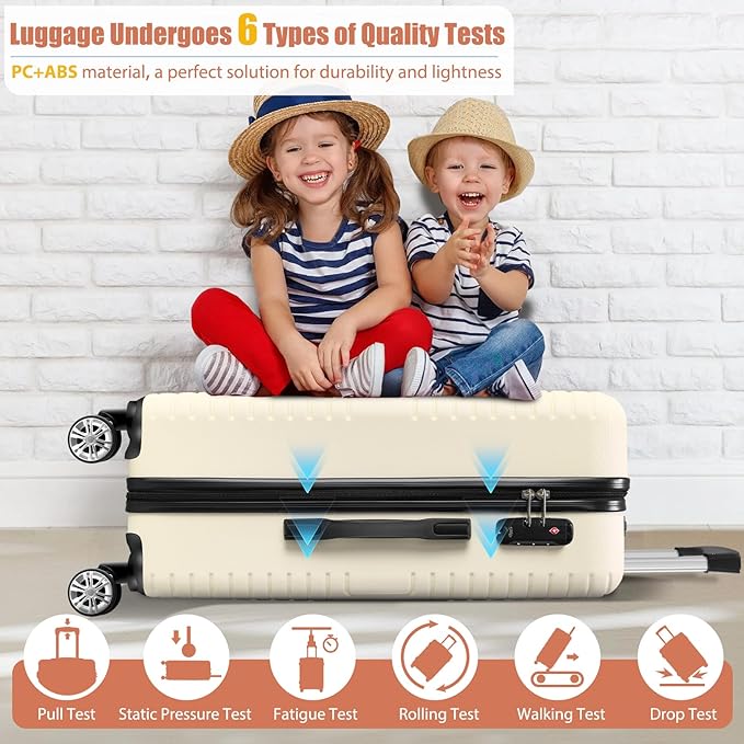 Hoteel Luggage Sets 5 Piece ABS+PC Hardside, 4-Year Warranty, Luggage Set with Dual-Spinner Wheels, TSA Lock, Lightweight Carry on Luggage, 20"/24"/28" Suitcase with Duffel & Organizer, Beige