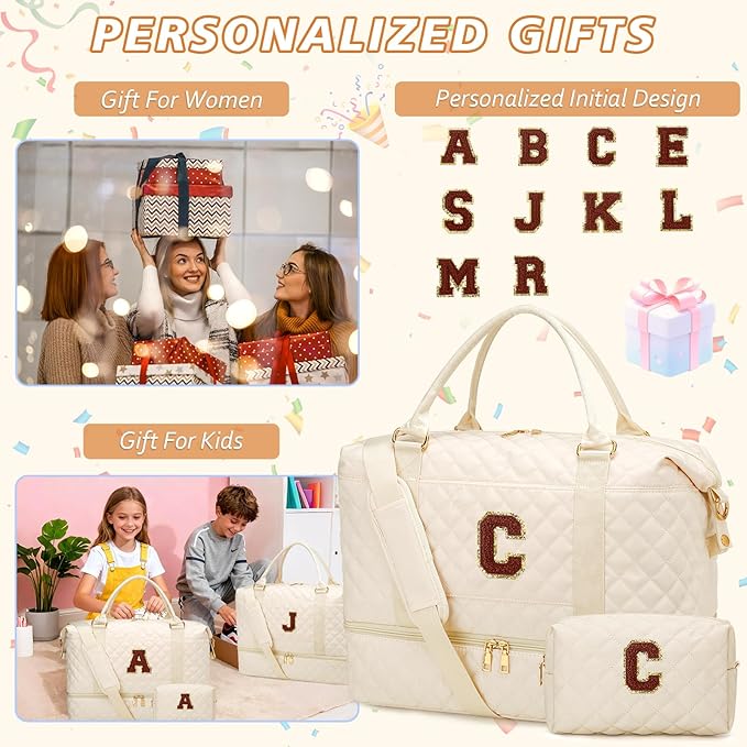 Birthday Gift for Women Initial Travel Duffle Bag Quilted Weekender Bags Carry-On Overnight with Cosmetic Bag, Gym Bag with Shoe Compartment Hospital Bag for Women Labor Delivery, Beige-C