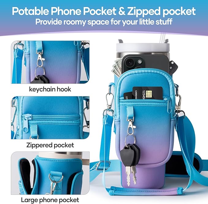 linmaya Water Bottle Carrier Bag for Stanley Cup 40/30oz with Phone Holder Pockets,Neoprene Water Bottle Cross-body Bag with Adjustable Shoulder & Hand Strap Stanley Cup Accessories
