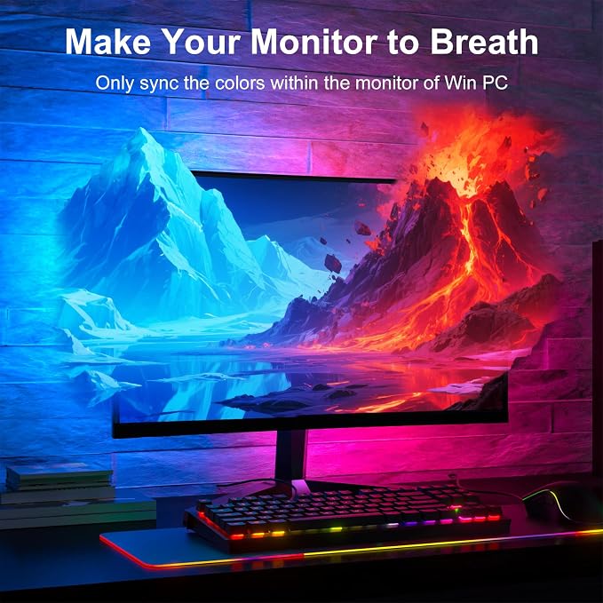 Monitor LED Backlights, 4-Side 24-32inch LED Strip Light Sync with Screen Color/Music, Computer Light Bar Behind Screen, for PC/Mac, LEDs for Desk Gaming, USB Interface (4-Side 27inch)