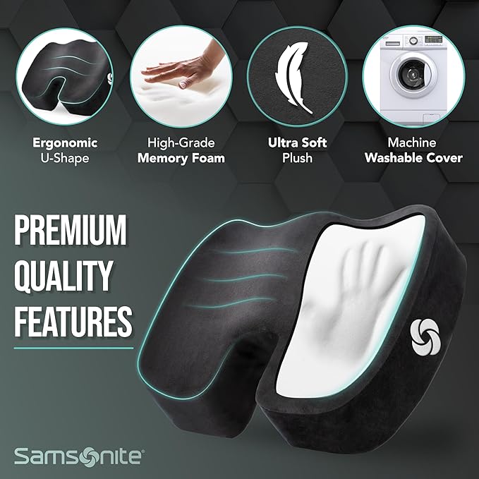 Samsonite Memory Foam Seat Cushion – Ergonomic Cushion for Office Chair, Tailbone Pressure Pad, Coccyx Support for Sciatica, Supportive Seat for Car, Desk, and Gaming Chairs, Black