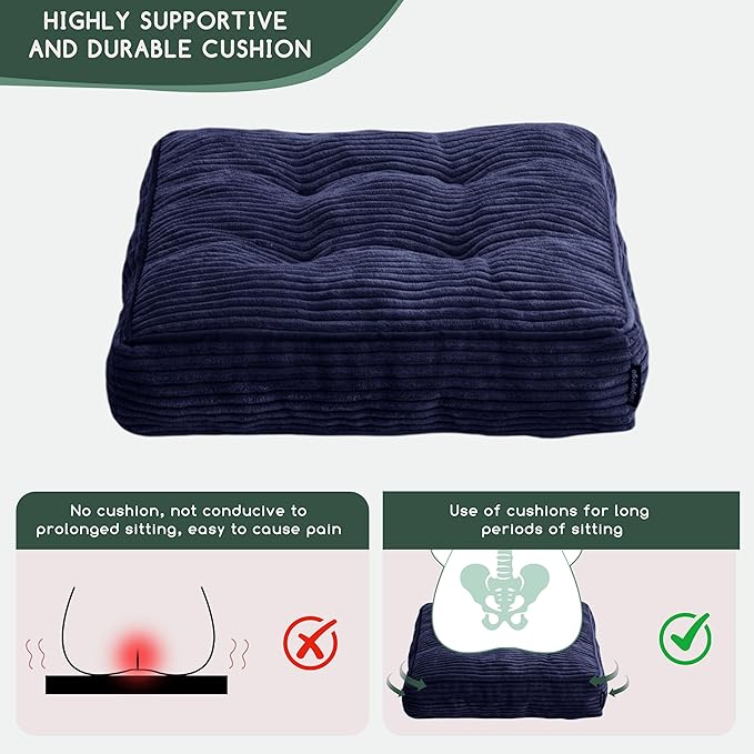 HIGOGOGO Tufted Corduroy Recliner Seat Cushion for Elderly, High Density Foam Large Square Seat Cushion for Recliner Chair, Floor Pillow, Office Chair, Car, No Pressure on Thighs, 20x20x4, Navy