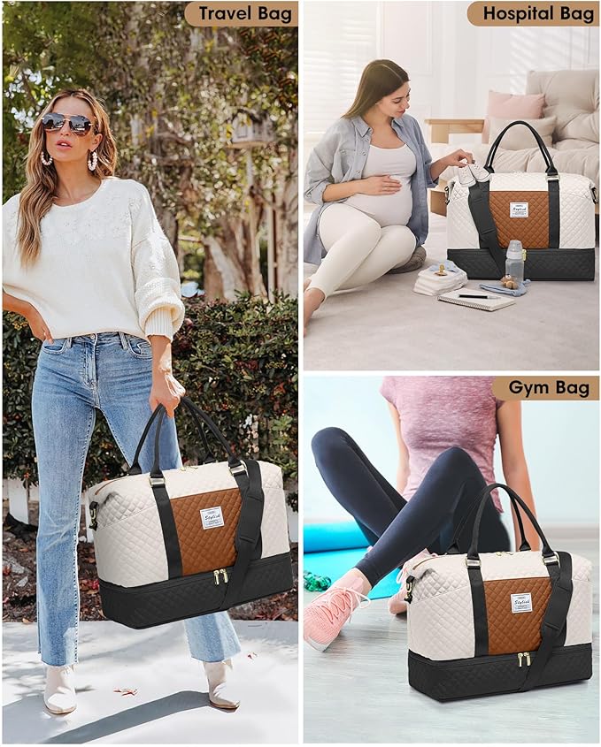 Travel Overnight Bag Weekender Bags - Duffle Bag Women with Shoe Compartment Carry on Tote Bag with Toiletry Bag Gym Duffel Bag with Wet Pocket Hospital Bags for Labor and Delivery Black White Brown