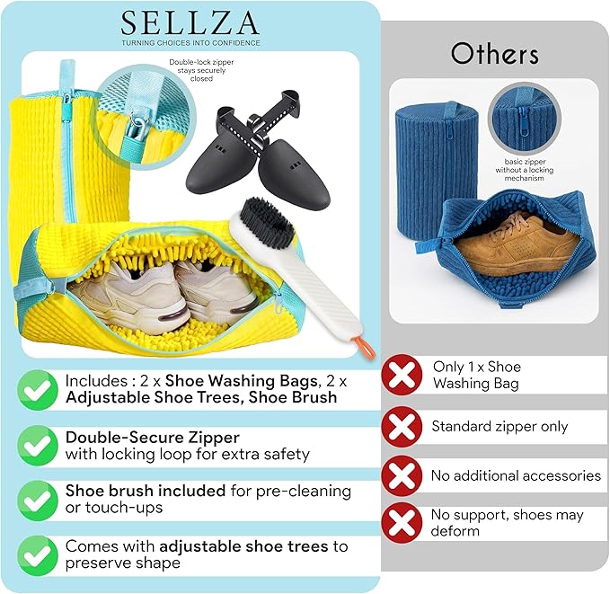 Shoe Washing Machine Bag –2 Pcs Reusable Laundry Shoe Bag with Brush & Shoe Trees, 360° Deep Cleaning Sneaker Washing Machine Bag, Fits All Shoe Types & Sizes (Yellow, 14.8 × 7.4 Inches)