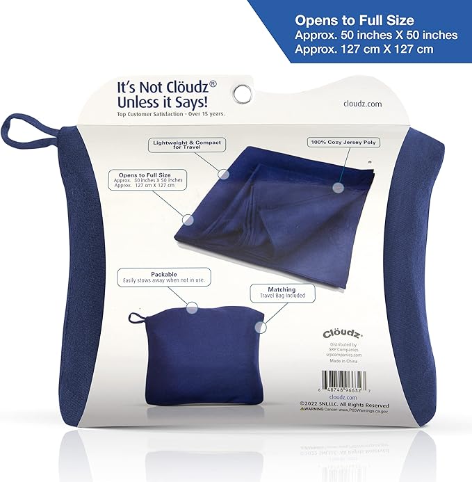 Cloudz Super Soft Jersey Airplane Travel Blanket for Your Flight, Car, Camping, Home or Comforting Warmth Anywhere! Large in Size at 50"x 50" and Includes a Bag! - Blue
