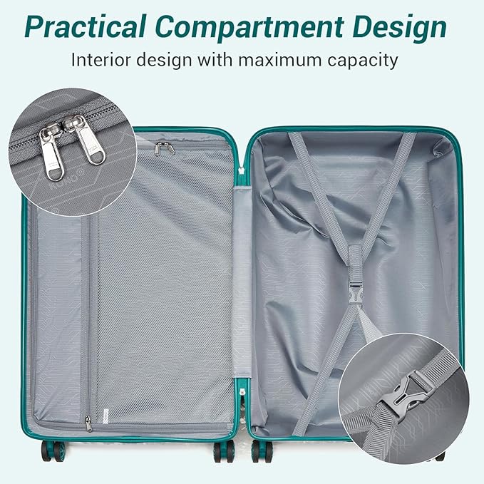 Kono Carry On Luggage 28 Inch Checked-Large Hard Shell Travel Trolley 4 Spinner Wheels Lightweight Polypropylene Suitcase with TSA Lock, Turquoise