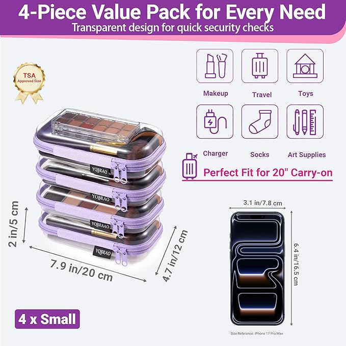 YQBRA 4 Pack Clear Hard Shell Zipper Case, See-Through Hard Plastic Organizer Pouches with Zipper for Travel, Toiletries, Makeup, Electronics & Pencils - Crush-Resistant Storage (S Purple)