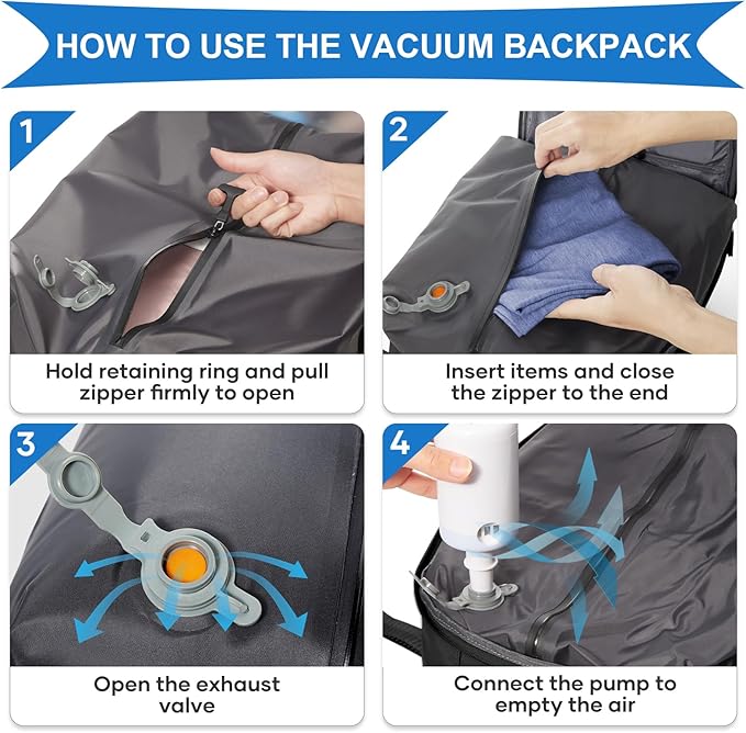 coowoz Vacuum Backpack Travel with Pump,Travel Backpack with Vacuum System For Women Men,Carry On Backpack,Hiking Backpack Waterproof Outdoor Sports Rucksack Casual Daypack,33L(Vacuum pump),Black
