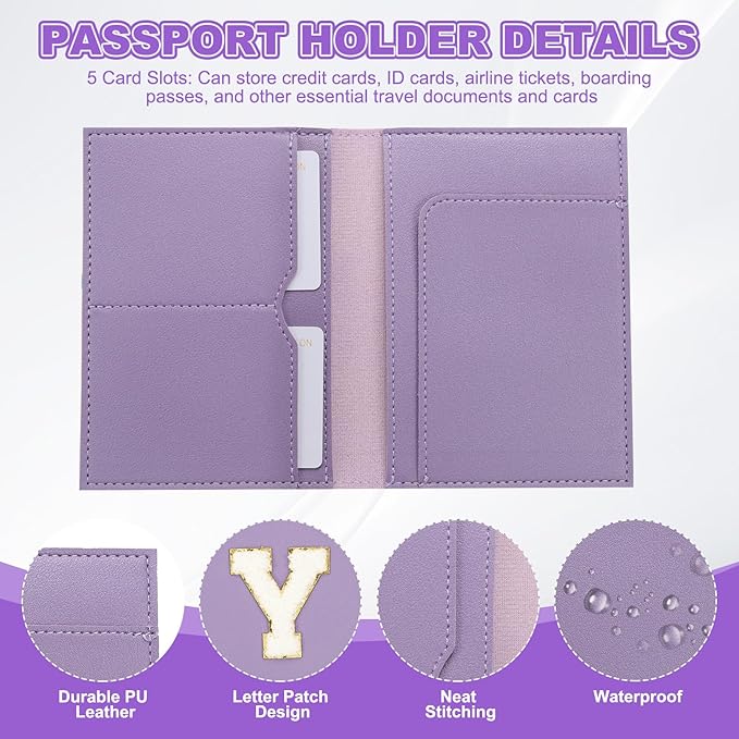 PATIKIL Passport Holder for Travel, Initial Passport Cover and Luggage Tag Set with Alphabet Chenille Letter Patch Travel Wallet Bag Suitcase Identifier for Women Family Travel Purple Y