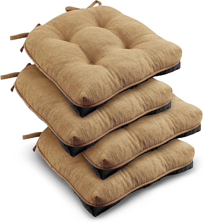 downluxe Indoor Chair Cushions for Dining Chairs, Tufted Overstuffed Textured Kitchen Chair Pads with Ties and Non-Slip Backing, 15.5" x 15.5" x 4", Taupe, 4 Pack