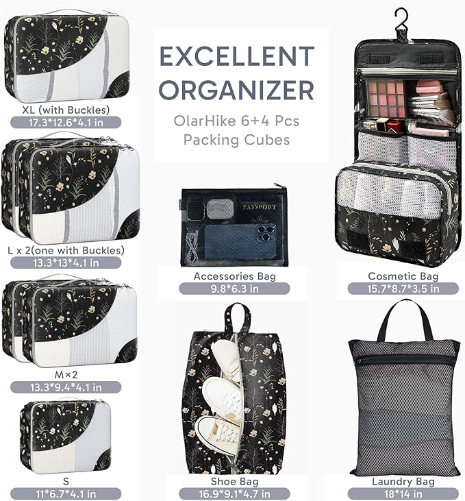 10 Set Packing Cubes for Travel, Gifts for Women Mom,Anti-Tearing Suitcase Organizer for Luggage with Shoe & Hanging Toiletry Bag,OlarHike Vacation Essentials & Accessories for Cruise Ship