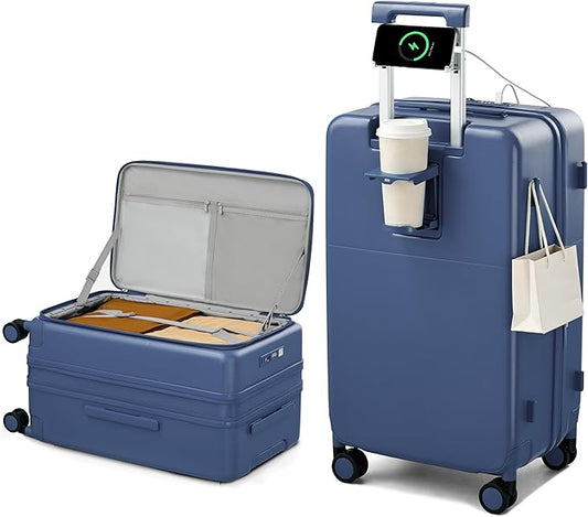 Hanke 24 Inch Expandable Checked Luggage with Cup Holder and Charger Port,Top Opening Hard Shell Suitcases with Wheels, Medium Travel Rolling Suitcase Trunk Luggage with Lock, Interstellar Blue