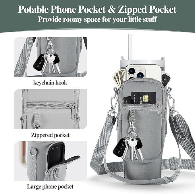 linmaya Water Bottle Carrier Bag for Stanley Cup 40/30oz with Phone Holder Pockets,Neoprene Water Bottle Cross-body Bag with Adjustable Shoulder & Hand Strap Stanley Cup Accessories