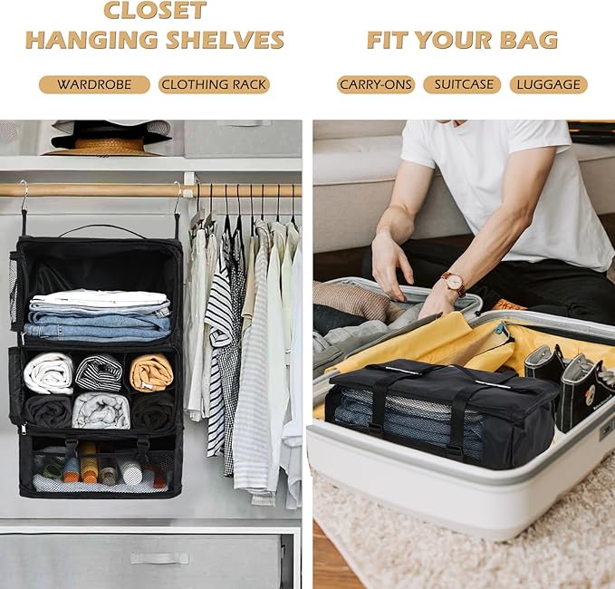 Surblue Hanging Shelves Travel Storage Bag Compression Packing Cube for Suitcase Portable Closet Organizer Collapsible with Extension Layer Large Capacity,Black,XXL