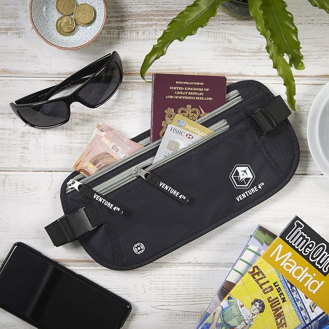 VENTURE 4TH Slim Minimalist Design RFID Money Belt with RFID Blocking Sleeves, for Men and Women – Ideal for Keeping Your Cash, Credit Card, Passport, Phone Secure When Traveling - Black