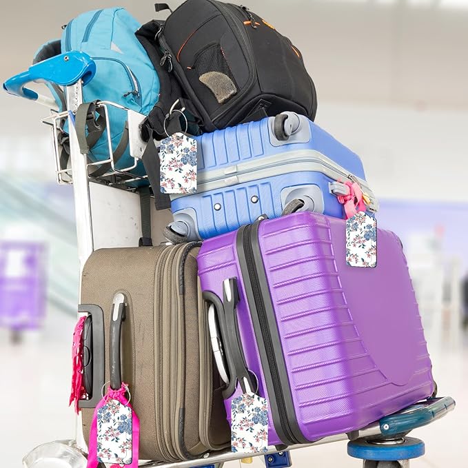 2Pack Luggage Tags for Suitcases, Cute Unique Pu Leather Cruise Luggage Tag with Privacy Cover ID Label Address Card and Metal Ring Suitable for Women Men Kids Travel Bag Blue Pink Flowers