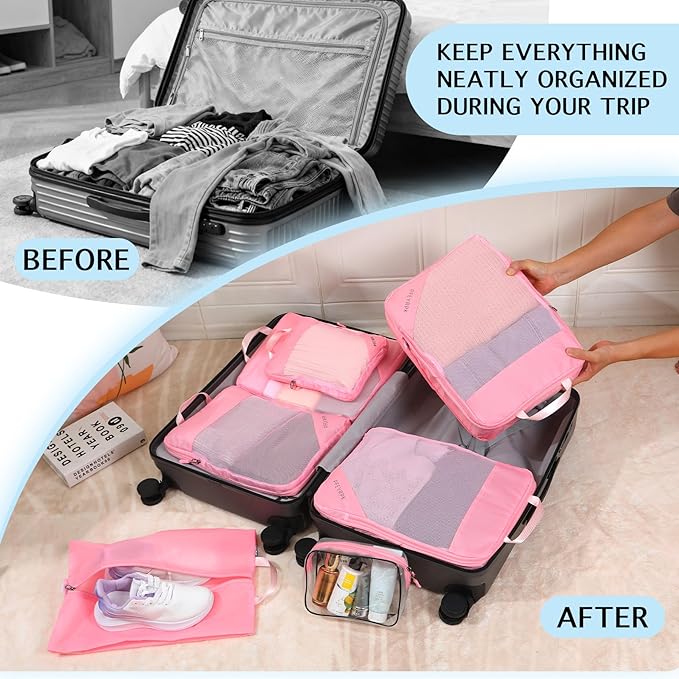 Lightweight Compression Packing Cubes for Suitcases, Compressible Expandable Travel Packing Organizer with Clear Toiletries and Backpack Bag, Travel Essentials for Carry on Luggage 7 Set