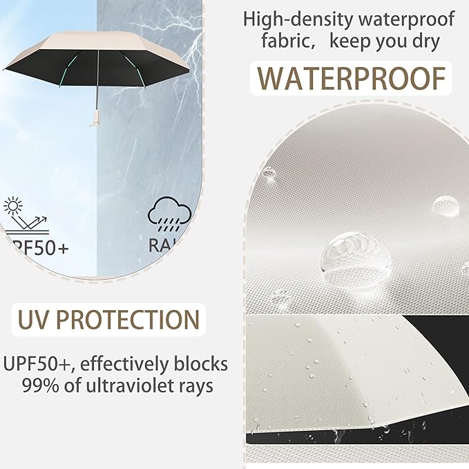 Mini Folding Travel Umbrella with Built-in Hidden Telescoping Handle,Teflon Coating, UPF 50+,UV Protection,Compact Lightweight Portable,6 Ribs Design,Small,Sun/Rain,Women/ Kids/Girls,Backpack Car
