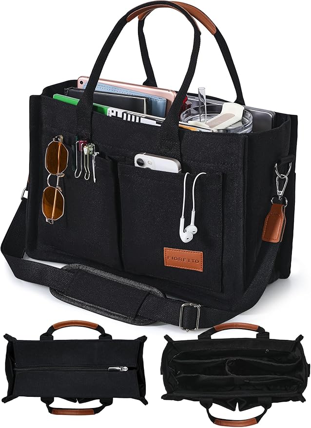 FIORETTO Canvas Tote Bag for Women with Zipper Closure & Individual Compartments for Work College for Teacher & Nurse