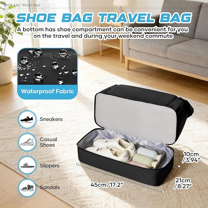 Small Black Gym Duffle Bag for Women Men with Shoe Compartment, Mini Cute Weekender Handbag Carry on Travel Bag for Airplane, Water Resistant Sports Yoga Tote Bag with Dry Wet Separated Pocket.