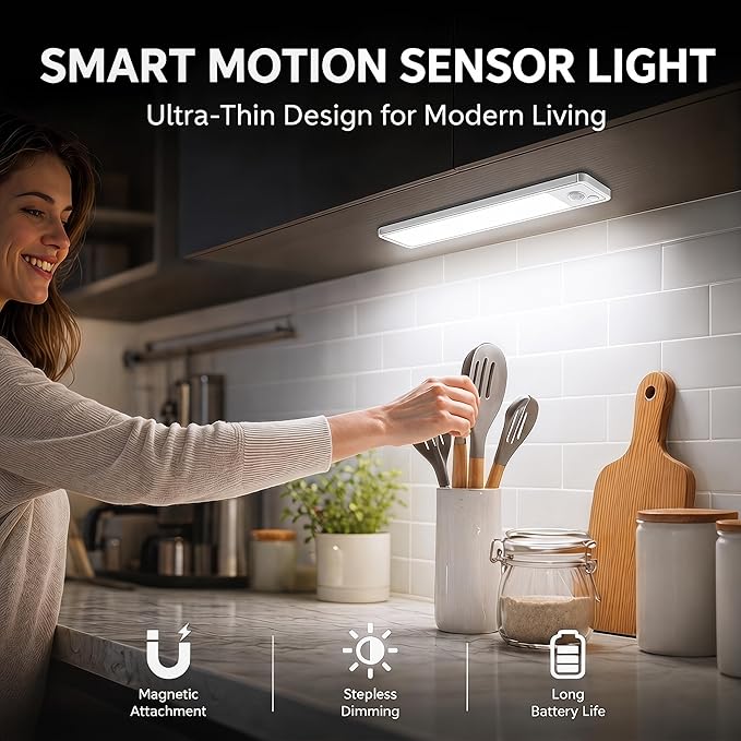 Under Cabinet Rechargeable Lighting: 8 Inch Motion Sensor Dimmable Lights Indoor - Battery Operated Lights - Wireless Closet Light Magnetic Led Light for Kitchen Home Bathroom Counter 2 Pack