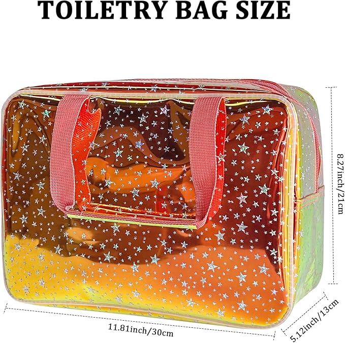 Holographic Brown Clear Star Large Cosmetic Bag and TPU Travel Pouch with Handle,Durable Material,Zipper Design-Ideal for Makeup,Travel Essentials 11.81x5.12x8.27inch (Brown)