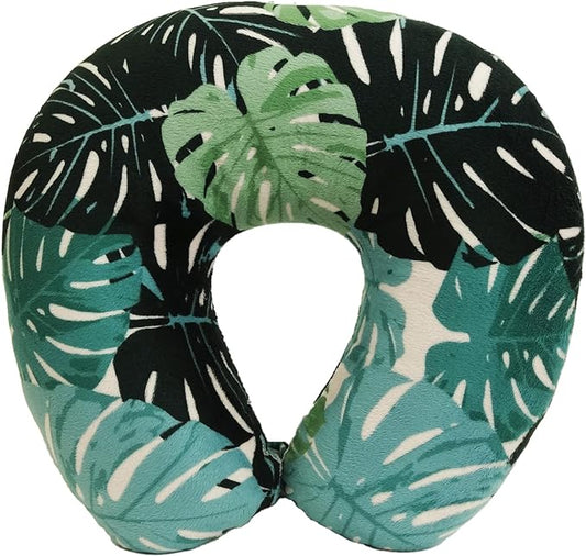 Adult Cozy Soft Microfiber Neck Pillow for Travel – Compact, Machine Washable - Perfect for Airplane, Car, or Home Use - Filled and Finished in the USA – Monstera Leaf