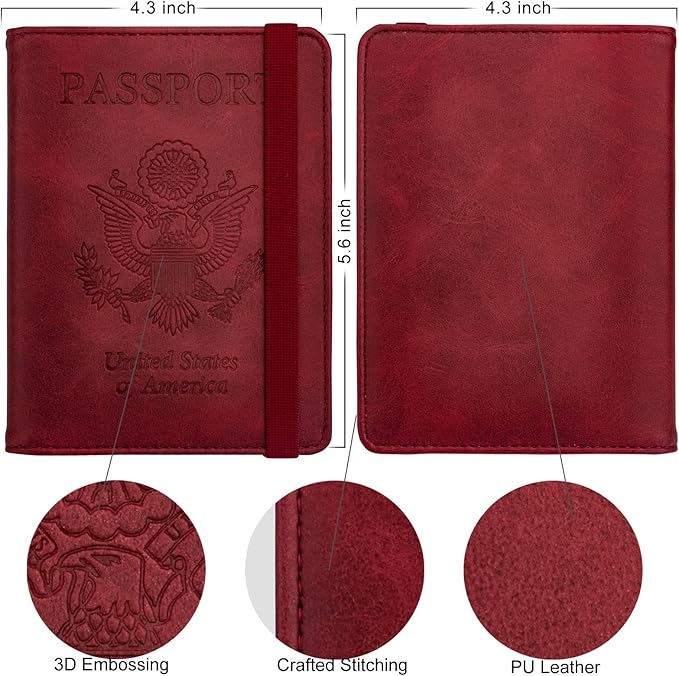 WALNEW Passport Holder Wallet, RFID Blocking Passport Cover Case PU leather Card Holder with Pen and Clear Card Slot for Women Men, Red